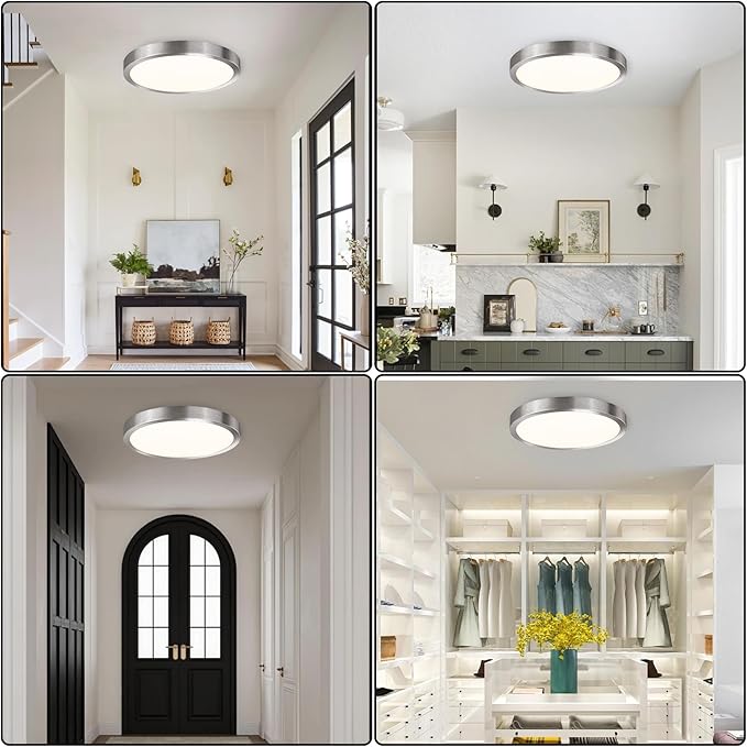 10 Inch Flush Mount Ceiling Light Fixture, Metal and Glass LED Ceiling Light Flush Mount, Slim Dimmable Flush Mount Light for Kitchen, Laundry, Low Ceiling, Brushed Nickel, 17W, 3000K, 2 Pack
