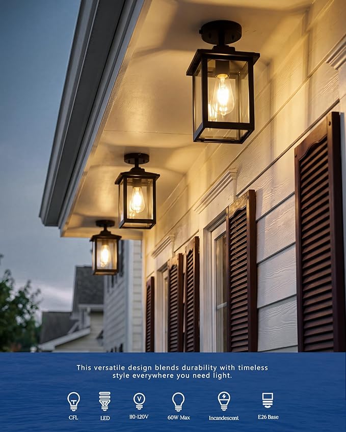 FEMILA Dusk to Dawn Porch Ceiling Lights Outdoor, 13" Matte Black Semi-Flush Mount Ceiling Lights, E26, for Entryway, Hallway, Garage, Kitchen, ETL Listed, 4FYX88F SE BK