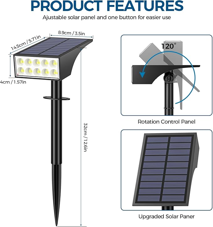 WENATY Solar Lights Outdoor Waterproof, Solar Spot Lights- 2 Pack/4 Mode LED Spotlights 2-in-1 Auto On/Off Powered Landscape Lighting for Outside Yard Wall Garden Path Driveway, Cool White