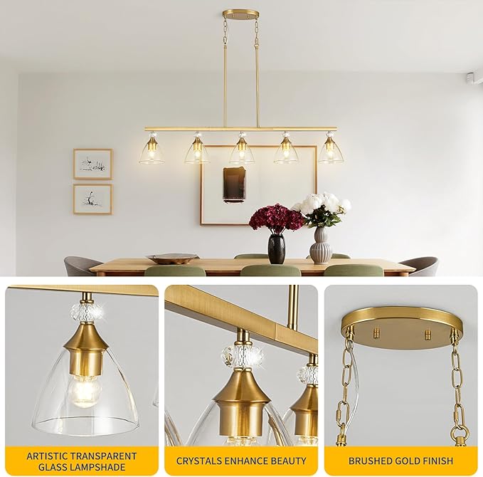 5-Light Gold Finish Kitchen Island Pendant Lighting with Clear Glass Shades for Dining Table, Kitchen Island, Living Room
