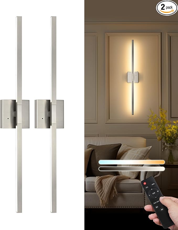 Rayogale 32 Inch Rechargeable Battery Operated Wall Sconce Set of Two, Cordless 3000K/4500K/6000K Dimmable Timer, Remote Touch Control USB-C Charging 360° Rotation for Living Room Sand Nickel
