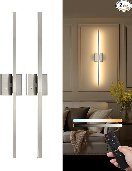 Rayogale 32 Inch Rechargeable Battery Operated Wall Sconce Set of Two, Cordless 3000K/4500K/6000K Dimmable Timer, Remote Touch Control USB-C Charging 360° Rotation for Living Room Sand Nickel