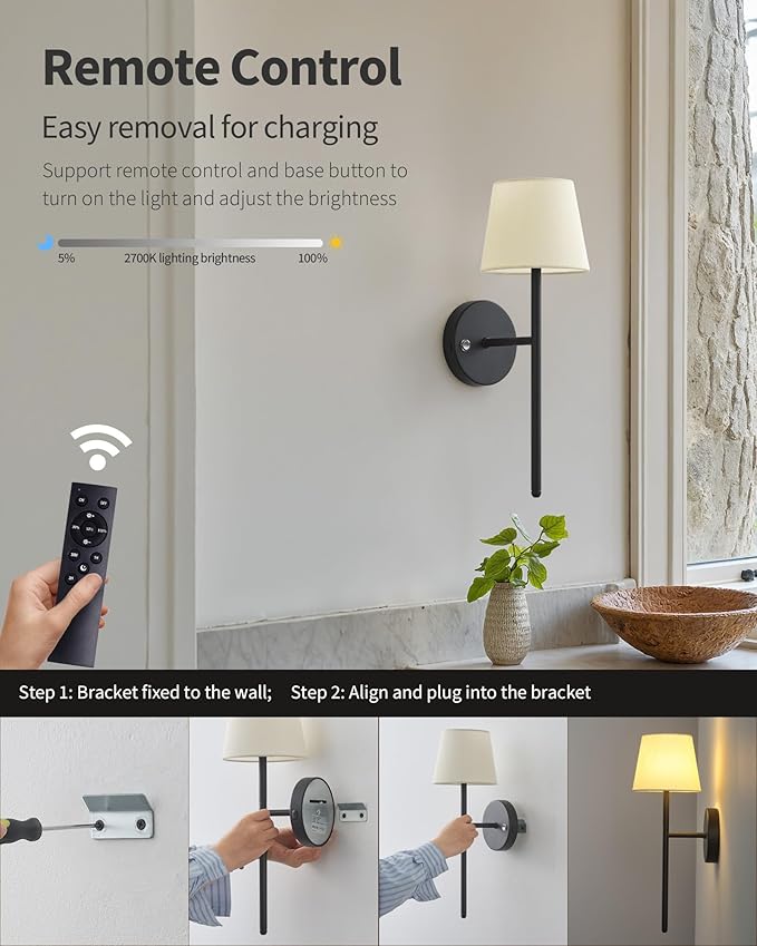Battery Operated Wall Sconce Set of 2, Small LED Rechargeable Wall Lights with Remote, 5200mAh Dimmable Fabric Shade Cordless Wall Lamp for Bedside, Bedroom, Hallway, Living Room, Gifts (Black)