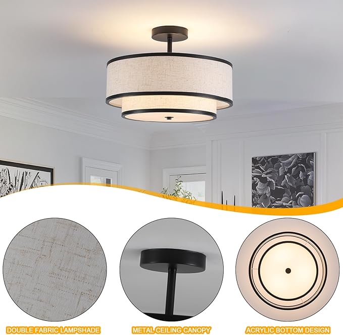 Semi Flush Mount Ceiling Light, 3-Light Double Drum Ceiling Light Fixture with Fabric Shade, Farmhouse Chandelier Dining Room Light Fixture for Bedroom, Kitchen, Hallway (Black)