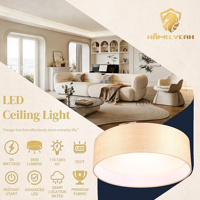 Hamilyeah 16 inch LED Flush Mount Ceiling Light, 36W 5CCT Dimmable Gold Fabric Drum Light Fixture Ceiling Mount, Modern Ceiling Lamp for Bedroom, Kitchen, Bathroom, Living Room, Hallway