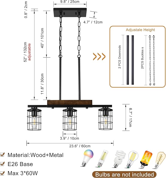 24" Farmhouse Kitchen Light Fixture, Black Hanging Kitchen Chandelier, 3-Light Rustic Dining Room Light Adjustable Height with Wood and Metal Frame, Suit for Farmhouse, Industrial Style