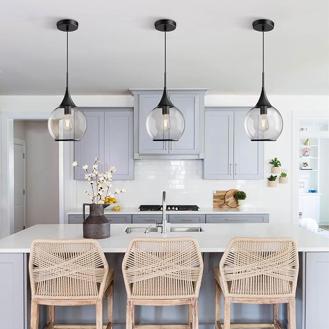 Pendant Lights Kitchen Island: Matte Black Light Fixture Farmhouse with Clear Glass - 10 Inch Mid Century Globe Kitchen Lighting Fixtures Ceiling for Dining Room