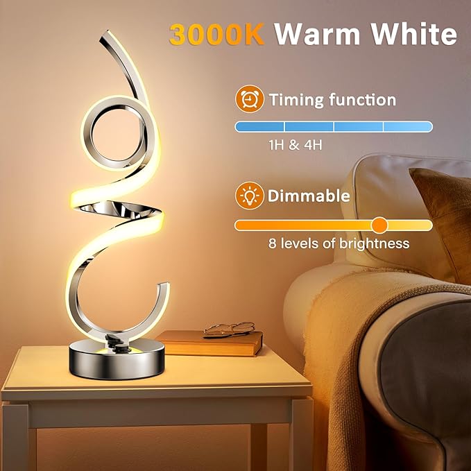 Wefomey Modern Spiral Table Lamp Color Changing Night Light Rechargeable LED Nightstand Lamp Dimmable Bedroom Lamp Remote Control for Home Decor Living Room Bedroom Office