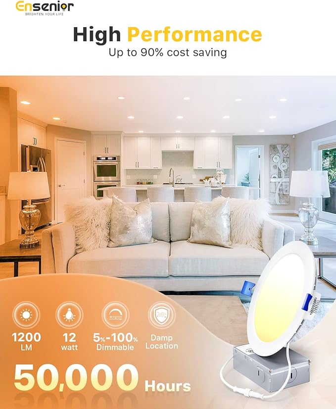Ensenior 6 Pack 6 Inch LED Recessed Light, Dimmable, 5000K Daylight, 1200LM High Brightness, 12W 120V, 2 Pin, ERL-12X-ETL, Damp Rated, Ultra-Thin Canless Wafer Ceiling Light - ETL & FCC & IC