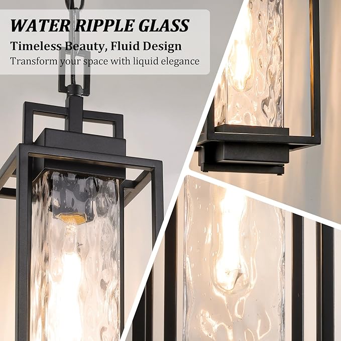 BesLowe 15” Outdoor Pendant Light with LED Bulb, Modern Hanging Lantern Light for Outside with Water Ripple Glass, Black Exterior Pendant Lighting Fixture, Outdoor Chandelier for Front Porch, Gazebo