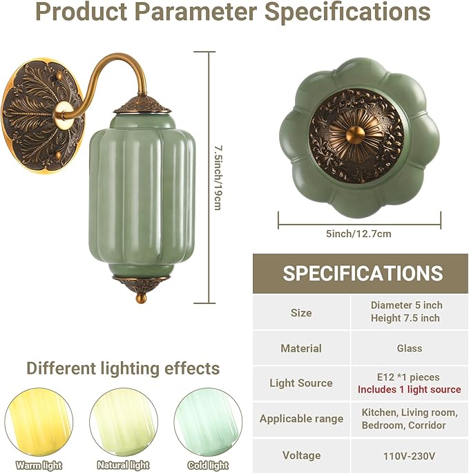 LOUSACE Antique Gold Wall Sconce with Green Milk Glass Shade, Vintage Brass Wall Light Fixture, Mid Century Restro Bathroom Vanity Light, Indoor Lighting for Bedroom Living Room Hallway