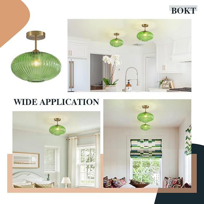 BOKT Modern Ceiling Light Green Glass Pendant Light Stairway Mid Century Close to Ceiling Light Gold Semi Flush Mount Ceilings Light Fixture for Island Kitchen Dining Room Hallway 9.8"