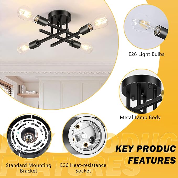 Asnxcju 4-Light Hallway Semi Flush Mount Light Fixtures, Farmhouse Black Light Fixtures Ceiling Mount, Indoor Close to Ceiling Lighting for Kitchen Entryway Bedroom Foyer (Bulb Not Included)