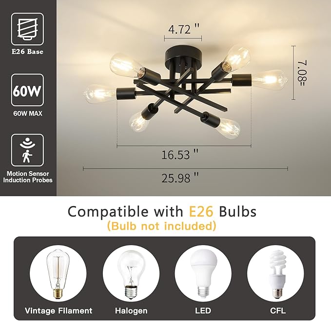 Semi Flush Mount Motion Sensor Ceiling Light Fixture，6 Lights Black Vintage Matte Sputnik Chandelier Ceiling Lamp with E26 Bulb Base for Farmhouse Dining Room Living Room Bedroom Study Kitchen