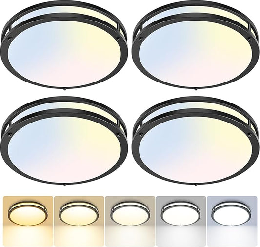 hepside 4 Pack Flush Mount Ceiling Light Fixture, Dimmable & 5CCT Ceiling Light Black, 13inch 24W 3000K 3500K 4000K 5000K 6500K Adjustable Ceiling Lamps for Kitchen Bathroom Bedroom Hallway