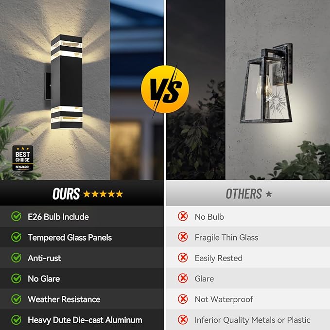 Modern Outdoor Wall Sconce 2-Pack, Up Down Outdoor Lights with Dusk to Dawn Sensor, Waterproof Exterior Light Fixture Wall Mount for House, Porch, Patio, Garage (E26 Bulbs Included)