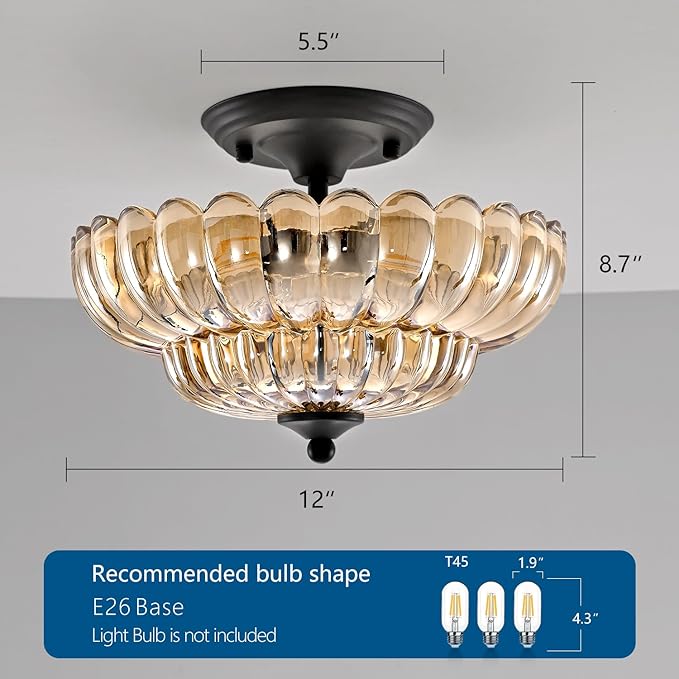 HuixuTe Modern Semi Flush Mount Ceiling Light, 3-Light Black Close to Ceiling Light Fixture with Amber Glass Shade for Living Room Entryway Bedroom