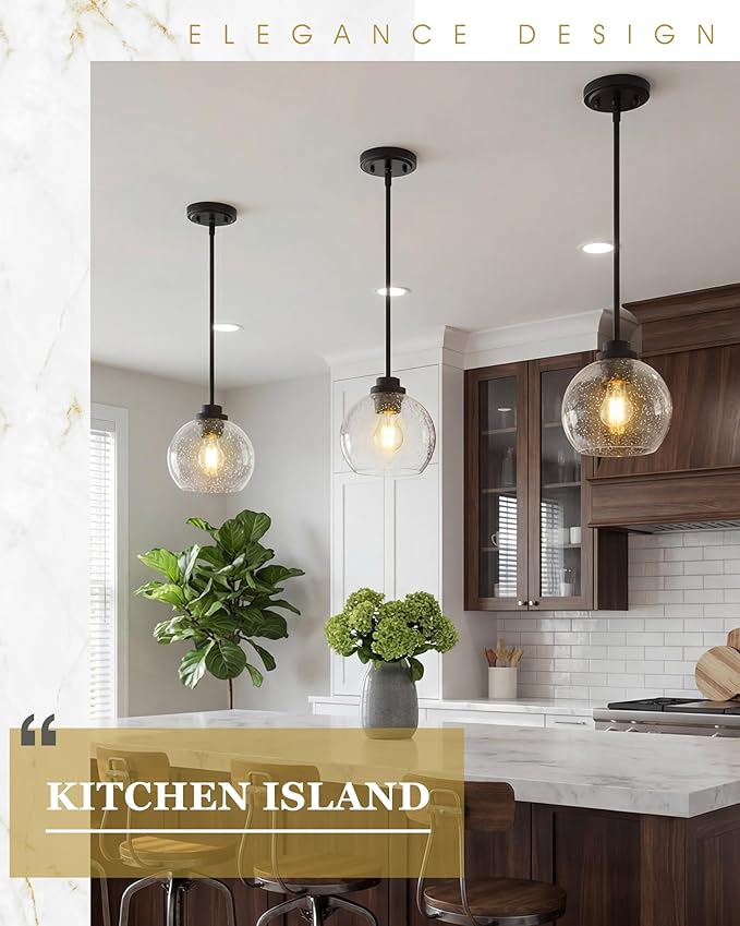 Pendant Lights Kitchen Island, 7" Modern Black Hanging Lights Fixtures with Clear Seeded Glass Globe Shade, Kitchen Island Lighting for Bathroom, AD-22280-1P-BK-S