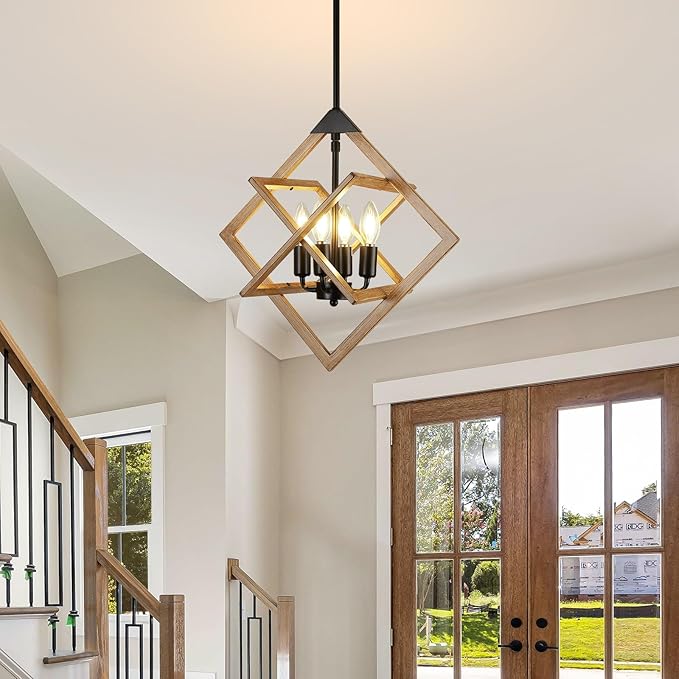 18" Modern Pendant Lights Kitchen Island, 4-Light Black + Wood Grain Farmhouse Pendant Light Fixtures, Industrial Hanging Pendant Lights Fixture for Kitchen Island Dining Room Hallway Foyer Entryway