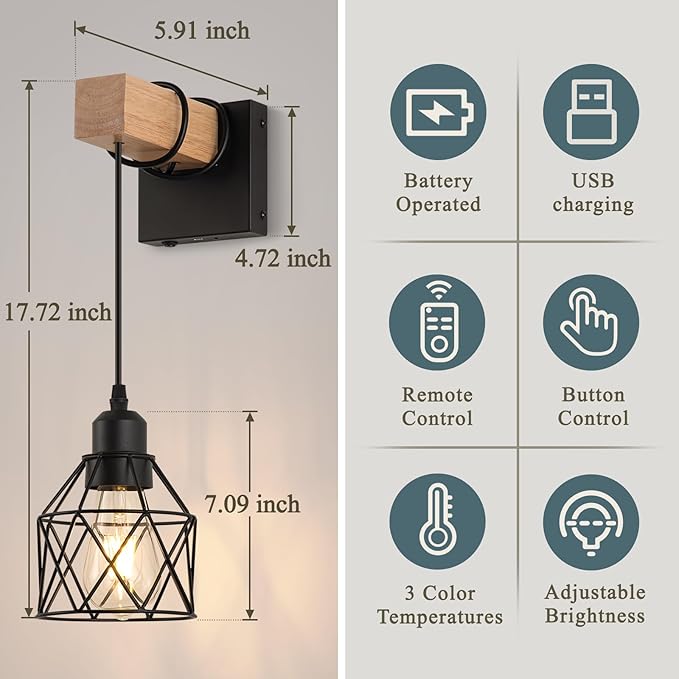 Battery Operated sconces Set of 2 for Bathroom, Dimmable Wall Sconces with Remote Control, LED Wireless Wall Lights for Living Room, Hallway, Bedroom(2 Pack)