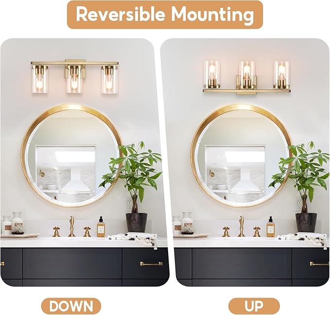 20in Bathroom Light Fixture Over Mirror, 3-Light Gold Vanity Lights with Clear Glass Shades, Modern Wall Sconces for Living Room, Bedroom, Hallway, E26 Base