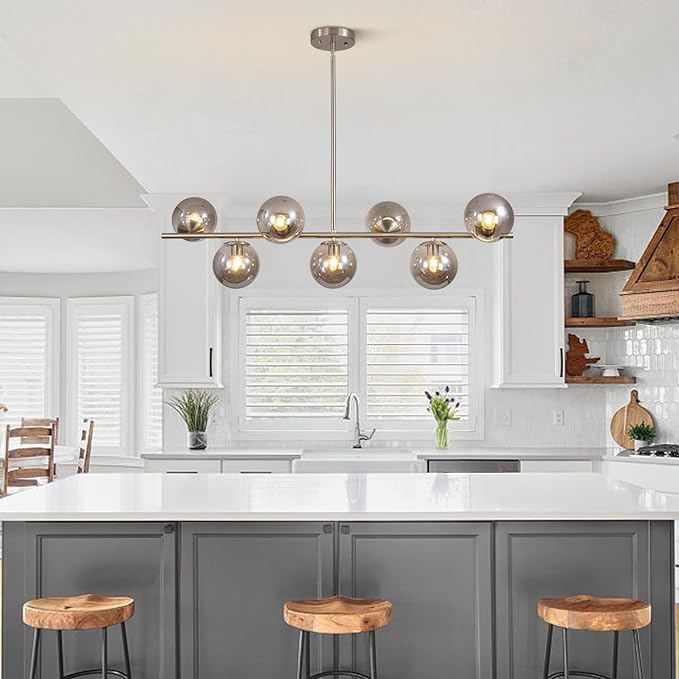 KCO Lighting Linear Globe Chandelier Brushed Nickel Pendant Lights Kitchen Island Silver Linear Pendant Lights Smoke Glass Chandelier Mid Century Modern Dining Room Light Fixture