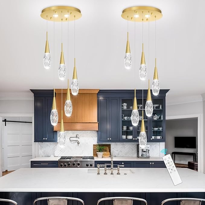 6-Lights Adjustable Pendant Lights for Kitchen Island LED Dimmable Light Fixture Modern Glam Crystal Hanging Lighting for Dining Room Bedroom Antique Gold