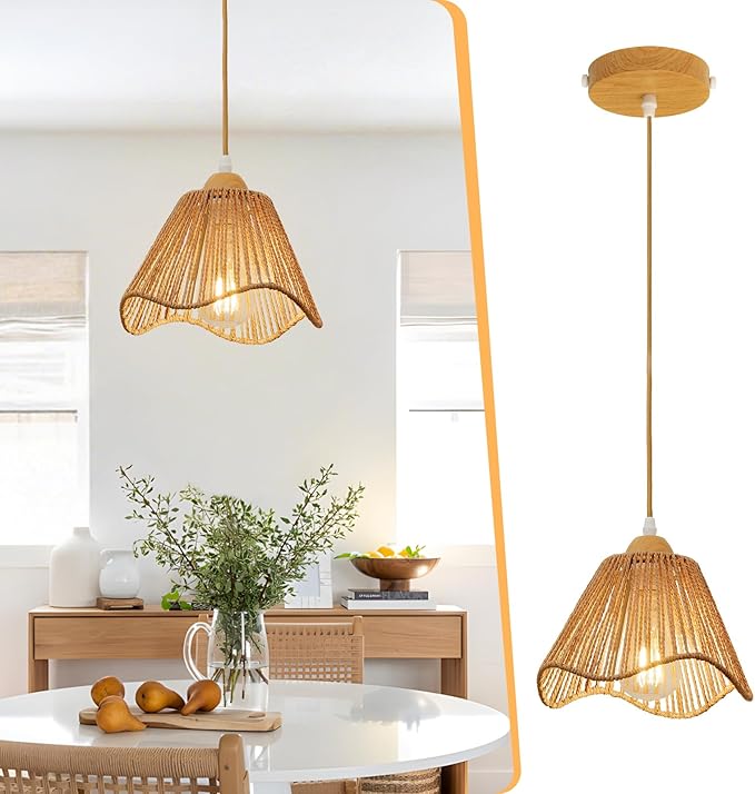 Wave Rattan Chandelier Pendant Lights Kitchen Island,Farmhouse Boho Chandeliers Adjustable Height Hanging lamp for Dining Room,Kitchen Ceiling Light Fixtures with Hand Woven Wicker Lampshade