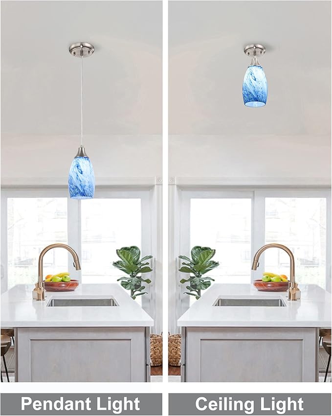 karyfine Mini Pendant Lights Kitchen Island White Blue Glass Lamp Shade Hand Blown Glass Pendant Light with Brush Nickel Finish Adjustable Cord for Kitchen Over Sink Hallway,Dining Room,Stairs Way