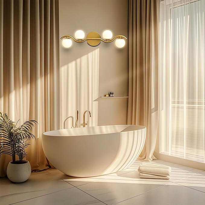 Lightdot 27" 4-Light S-Frame Gold Bathroom Vanity Light | Shatterproof Plastic Shades | Compatible with TRIAC Dimmers | G9 Socket & Bulbs Included