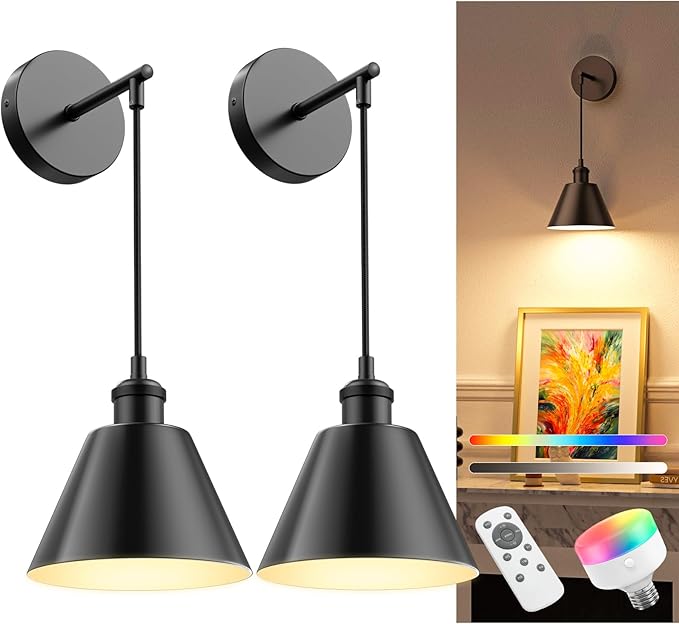 NIORSUN Matte Black Battery Operated Wall Sconce Set of 2, 5200mAh Dimmable Detachable Bulbs and Remote Wireless Rechargeable Wall Lights, 9 Colors Sconces Wall Decor for Bedroom Living Room Hallway