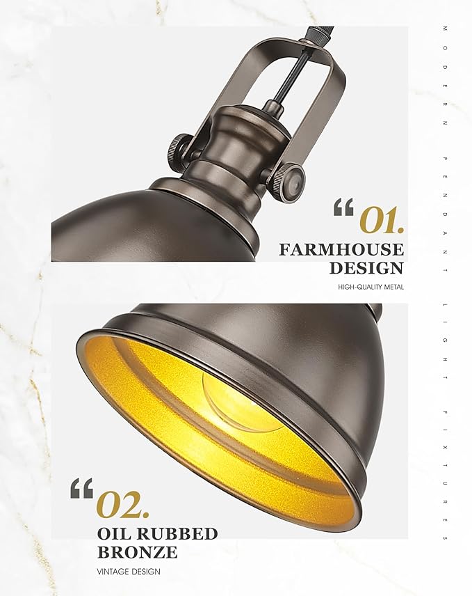Pendant Lights Kitchen Island, 8" Farmhouse Hanging Lights Fixtures with Metal Shade, Rustic Kitchen Pendant Lighting Over Island for Dining Room, Oil Rubbed Bronze, AD-2151-1PM-ORB