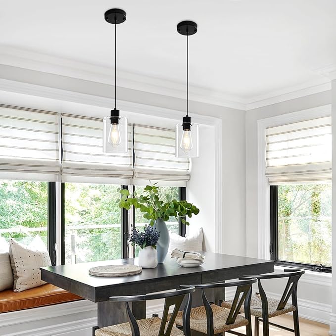 2 Pack Black Pendant Lights Kitchen Island, Modern Glass Pendant Lighting Over Island Kitchen Hanging Bathroom Ceiling Light Fixtures Adjustable Pendant Lights for Dining Room Hallway Bedroom
