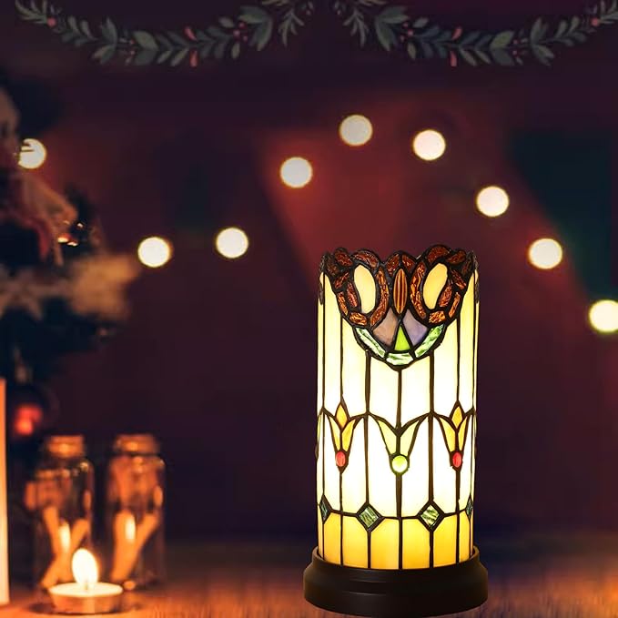 Tiffany Style Table Lamp For Bedroom Blue Dragonfly Stained Glass Nightstand Bedside Night Lamp Party Light Hand-made Art Home Deco Christmas Gifts 2 LED Bulbs (3 Color Temperatures+Flame Bulb)
