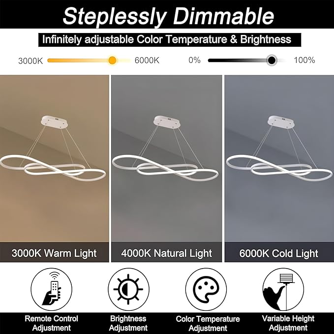 Led Chandeliers for Dining Room,Modern Led Pendant Light Fixture, Dimmable Adjustable Height Music Note Shape Hanging Lamp with Remote Control White Iron Ceiling Light Fixture for Kitchen Island