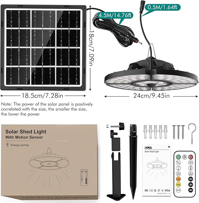 CLY Solar Lights for Shed Motion Sensor Pendant Light, 2700K-6500K Remote Control Timer Memory Function Hanging Shed Lights Indoor Outdoor for Garage Barn Patio Gazebo