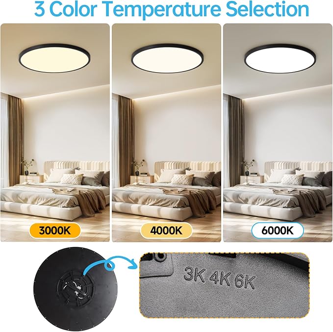 20 Inch Large LED Flush Mount Ceiling Light Fixture,45W,4600LM,3000K/4000K/6000K CCT Selectable,0.9 inch Super Slim Round Ceiling Light for Bedroom,Hallway,Kitchen (Dimmable Black 2PK)