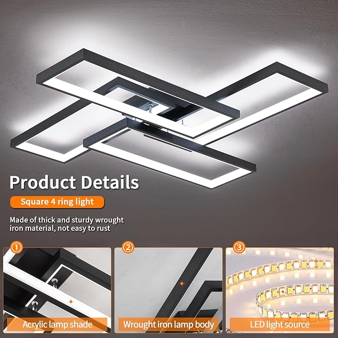 Shine LUEST Modern LED Ceiling Lights for Bedroom 26" Dimmable Square Ceiling Lights for Living Room with Remote Control Black Bedroom Light Fixture for Kitchen,Bathroom,Balcony