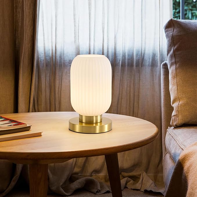 Dimmable White Glass Table Lamp: Mid Century Modern Nightstand Light with Milk White Shade - Small Decorative Brass Desk Lamp - Ribbed Glass Bedside Tables Lamps for Bedroom Living Room Bulb Excluded
