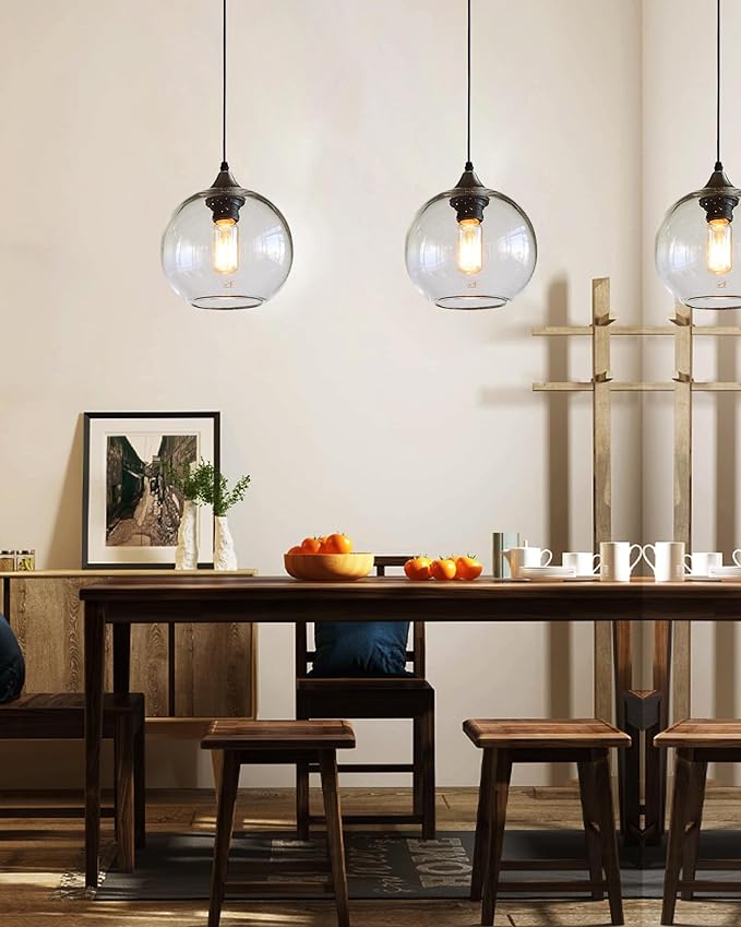 ARIAMOTION Globe Pendant Lights Kitchen Island 3 Pack Hand Blown Glass Modern Rustic Lighting Clear Seeded Bubbles Dining Room Table Coffee Bar Counter Brushed Nickel Lamp 7.4 Inch Diam