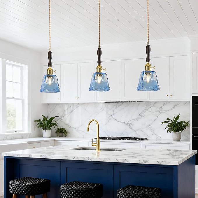 Blue Glass Vintage Pendant Light Height Adjustable Handmade Glass Pendant Lights Kitchen Island Gold Hanging Light Fixture with Wood Handle for Bedroom Dining Room Hotel (1 Pack)