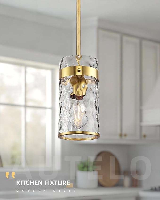 AUTELO Gold Pendant Light, 2 Pack Island Pendant Lights for Kitchen with Hammered Glass, Modern Hanging Lamp with Adjustable Rods for Dining Room Bedroom Kitchen Sink, H-2529 HMBG2PK