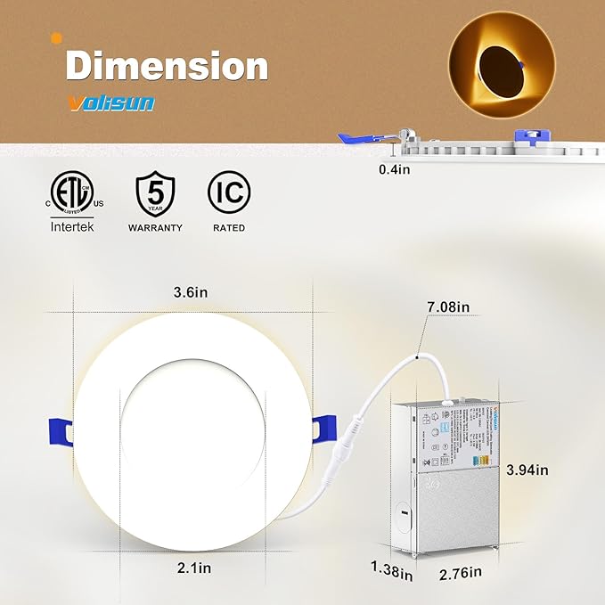 VOLISUN 12 Pack 3 Inch 5CCT Recessed Light with Night Light, Canless LED Recessed Lighting 3 inch, 2700K-5000K Selectable, 500LM Dimmable Recessed Ceiling Wafer Light, ETL Certificated