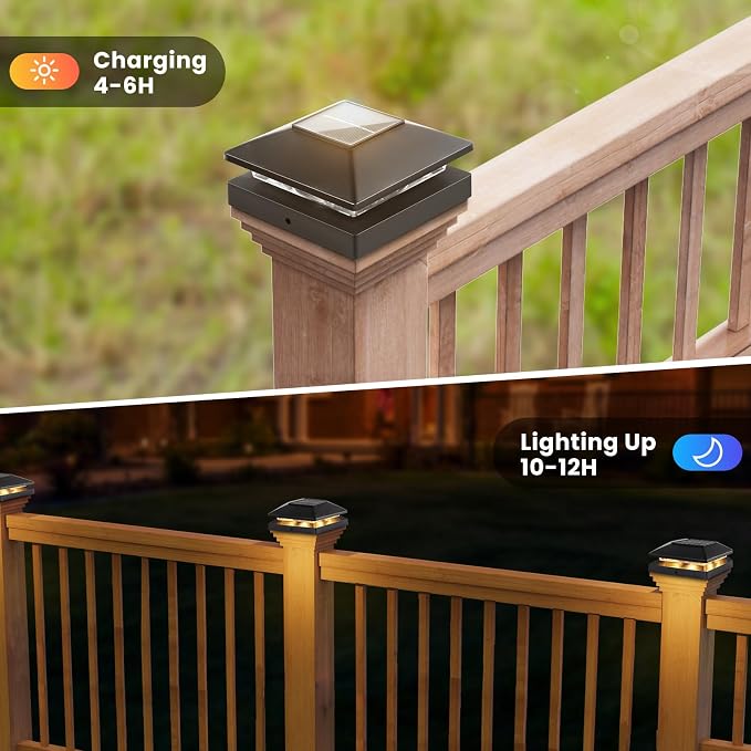Solar Post Cap Lights Outdoor 24pack, Waterproof Solar Powered Deck Fence Post Lights Fit 4x4 Wood/Vinyl Posts, Bright Warm White Solar Post Lights Decorate Deck, Patio, Porch, Fence(Black)