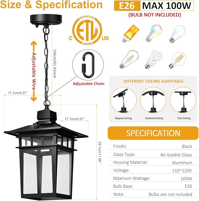 Dusk to Dawn Outdoor Pendant Light,Black Hanging Porch Light,Vintage Outdoor Chandelier,Waterproof Aluminum Exterior Pendant Lighting Fixture with Tempered Glass,Hanging Lights for Front Door Gazebo