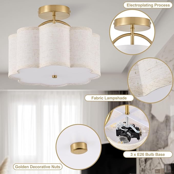 13.5" Semi Flush Mount Ceiling Light Fixture for Bedroom, 3-Light Flower-Shape Modern Close to Ceiling Light with Fabric Shade for Hallway Nursery Kitchen Island(Hemp-Color)