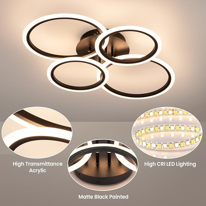 Black Modern Ceiling Light, 4 Rings Dimmable Flush Mount Ceiling Light with Remote, Acrylic Close to Ceiling Lighting Fixture for Dining Room Living Room Bedroom Kitchen (Black, 4 Heads)