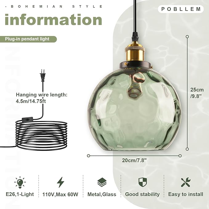 2 Pack Plug in Pendant Light Fixtures, Green Glass Pendant Lights Vintage Hanging Lamps with Hammered Glass Globe, Mid Century Brass Hanging Lights with Plug in Cord for Kitchen Bedroom