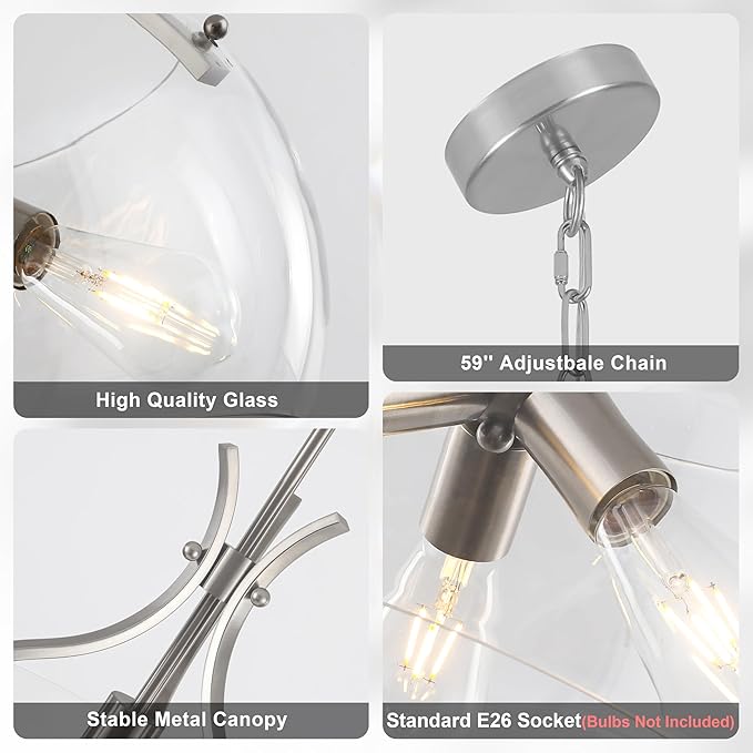 15.7" Industrial Glass Chandelier, 3-Light Large Farmhouse Chandelier, Brushed Nickel Hanging Pendant Light Fixture with Glass Shade for Dining Room Kitchen Sink Hallway Entryway