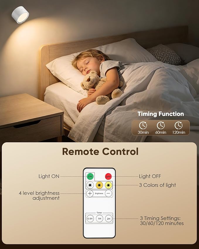 LED Wall Mounted Lights 2 Pcs with Remote, Rechargeable Wall Sconce with 3 Color Temps & Dimmable Magnetic 360° Rotation Cordless Light for Bedroom Reading Bedside (White, 1 Pack)